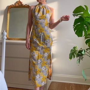Handmade yellow floral halter midi dress XS